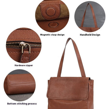 Solid Color Cowhide Tote Bag Simple Commute Shoulder Messenger Bag For Women